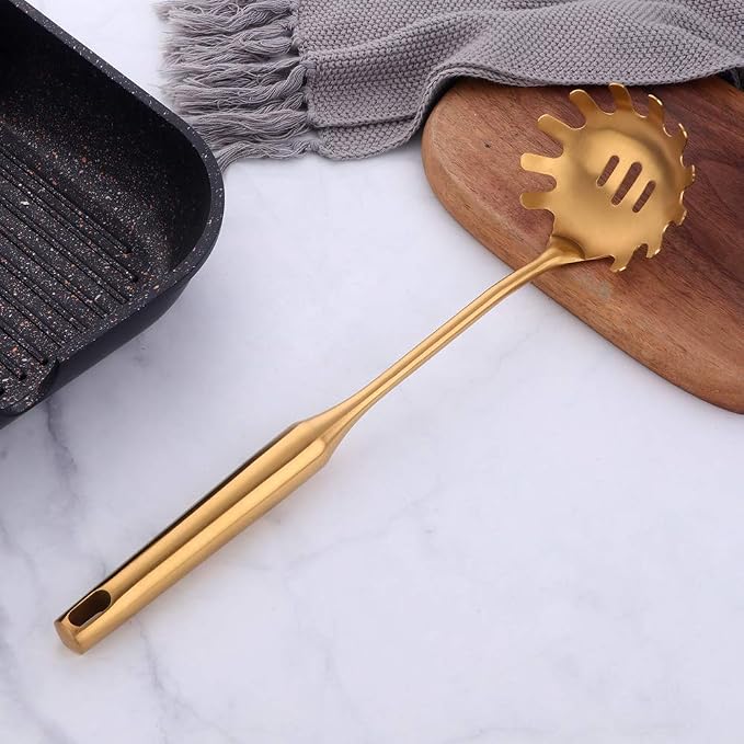 Stainless Steel Pasta Spoon Server,Kitchen Pasta Server, Ergonomic Handle & Heat Resistant Design - Kitchen Spaghetti Server Fork For Noodles, Pasta, More (gold)