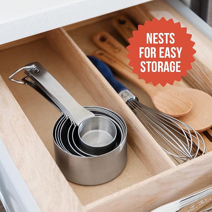 Chef Pomodoro Stainless Steel Measuring Cups, Stackable 7 Pcs Long Handle | Metal Measuring Cups Stainless Steel, Lasered Markings Stainless Measuring Cups Long Handle, Nesting Set with Sorting Ring