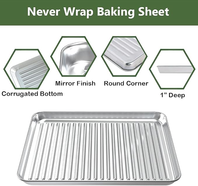 Quarter Baking Sheet Pan Cooling Rack Set, Stainless Steel 2 Pans + 2 Racks | 12x10x1 Inches Baking Sheet Pan with Nonstick, Warp Resistant, Heavy Duty Design for Baking, Roasting, and Cooking
