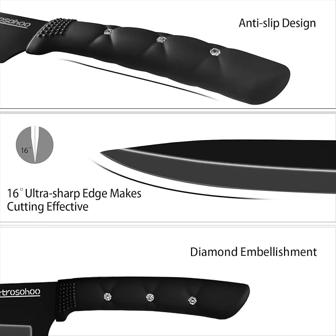 Kitchen Knife Set, Black Flower 6PC Stainless Steel Sharp Chef Knife Set with Acrylic Stand, Cooking Non-slip Knife Set with Block, Non-stick Colorful Coating Gift for Women Girls (Dark Black)