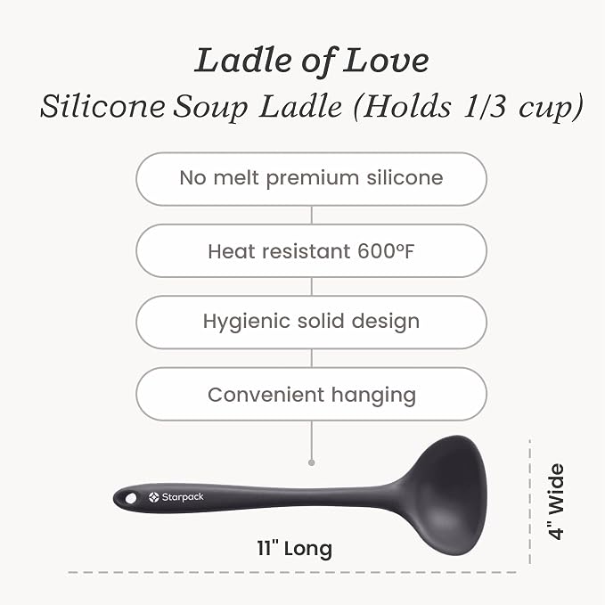 Starpack 'Ladle of Love' Premium Silicone Ladle Spoon 11" - Soup Ladles High Heat Resistant to 600°F - Kitchen Laldes for Serving - Non Stick Silicone Ladles - LFGB Grade Rubber Cooking Spoon - Gray