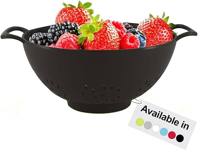 Meadow Lane 6-inch Small Colander, BPA-Free, Dishwasher Safe, Double Handles, Compact Food Strainer for Berries, Veggies and Pasta, 3-Cup Capacity, Glossy Black