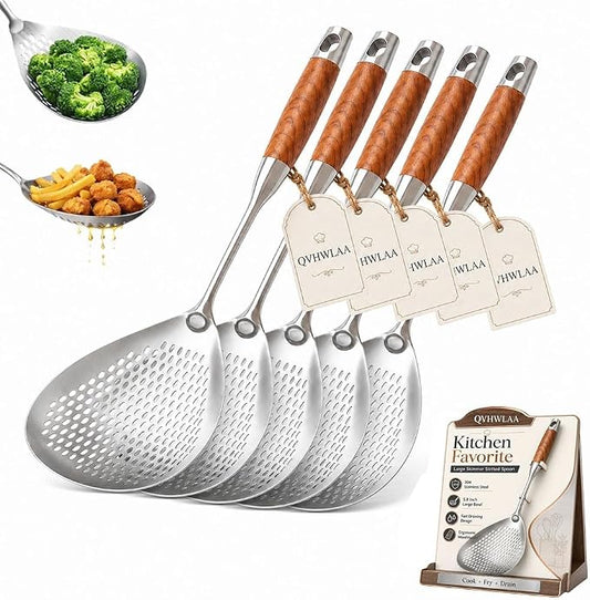 Wooden Handle Stainless Steel Skimmer, 16.8 Inch Metal Slotted Frying Spoon Spider Strainer for Deep Frying, Deep Fryer Scoop Ladle Kitchen Cooking Colander with Walnut Wood Handle(5pc)