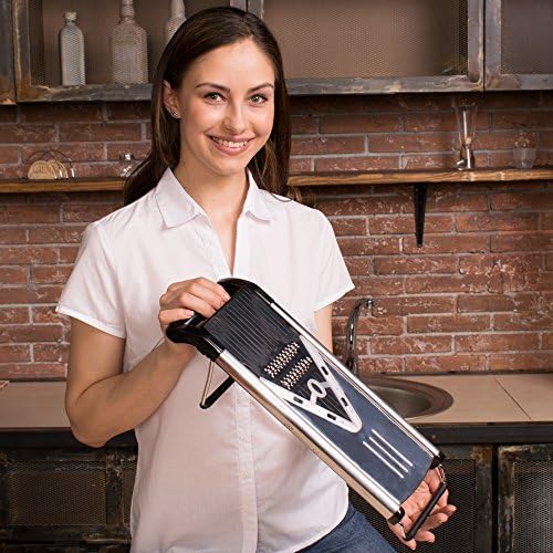 [Improved] V-Blade Mandoline Food Slicer + FREE Cut-Resistant Gloves - Stainless Steel Adjustable Vegetable Mandolin Slicer, Julienne Cutter - Includes 5 Inserts, Food Holder & Blade Guard