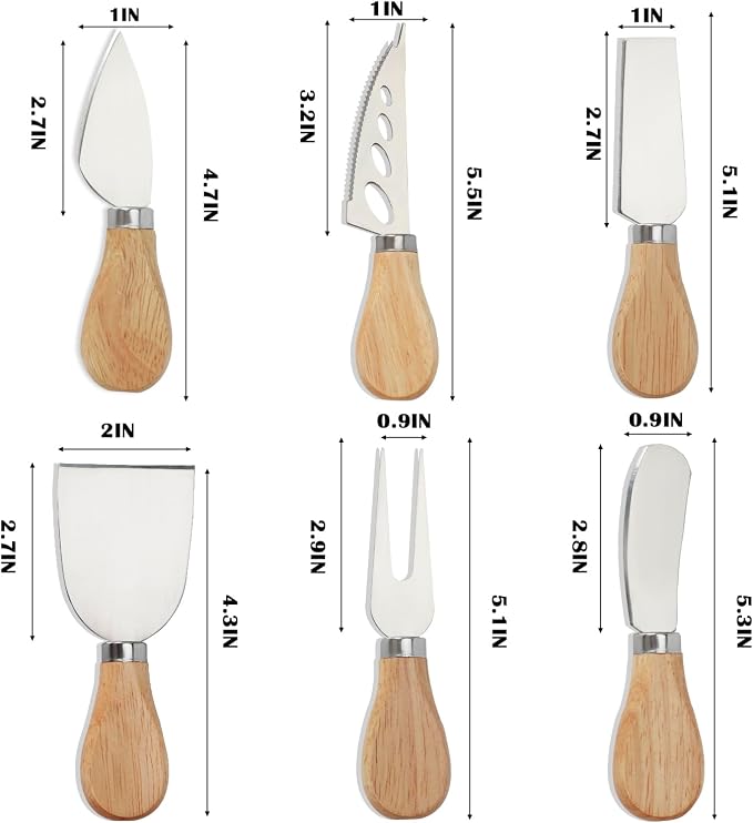 6 Pcs Cheese Knives Set, Cheese Knives with Cheese Slicer Cheese Cutter Cheese Fork, Stainless Steel Cheese Spreading Knife for Charcuterie Boards and Cutlery Gift Set(Oak Handle)