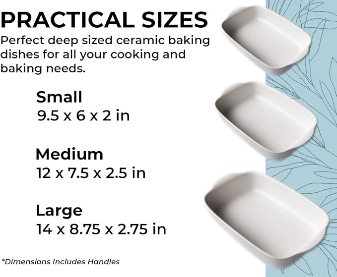 Saffron & Sage Casserole Dish Set of 3 - Baking Dishes for Oven, Contemporary White Ceramic Baking Dish Set, Heavy Duty Bakeware, Up to 500° High Heat Resistant, Dishwasher, Freezer and Food Safe