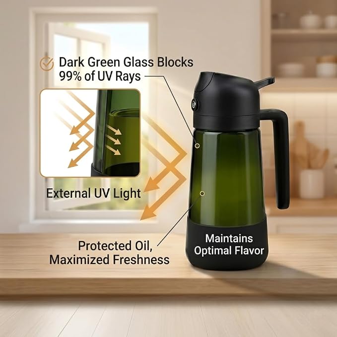 2-in-1 Oil Sprayer Dispenser, 16oz UV-Blocking Glass, Non-Slip | Extra Stability, Easy Refill, Refined Aesthetic