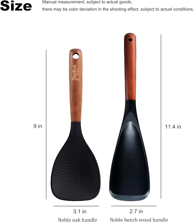 Spatula Spoon and Rice Spoons with Wooden Handle, Food Grade Silicone Great for Cooking, Mixing, Scooper, Scrape, Non stick Heat Resistant (black, Rice set 2 pcs)