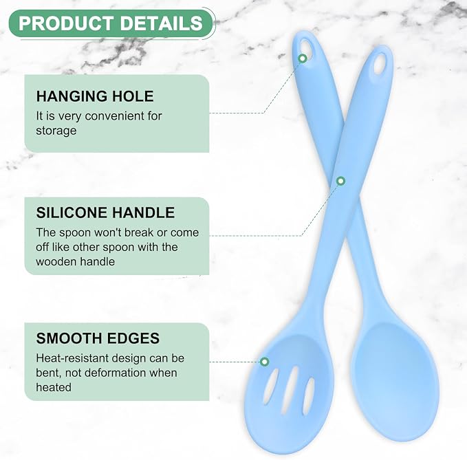 M METERXITY 2-Pack Silicone Spoons for Cooking, 10.6" Mixing Nonstick Slotted and Solid Serving Spoons Heat Resistant Utensils Spoons for Kitchen/Cooking/Baking/Stirring Mixing Tools [Blue]