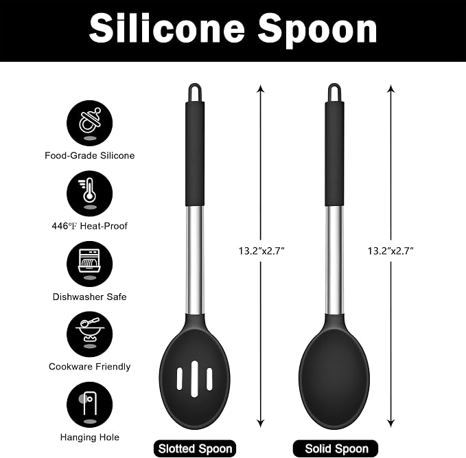 TeamFar Silicone Cooking Spoon, 2 PCS Large Nonstick Kitchen Spoons, Heat-Resistant Solid and Slotted Spoons for Cooking Mixing Serving Stirring, Healthy & Dishwasher Safe, Black