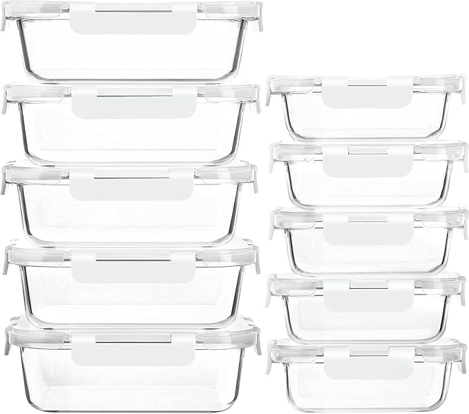 M MCIRCO 10 Pack Glass Food Storage Containers with Lids, White | Glass Meal Prep Containers,Airtight Lunch Containers with Lids, Microwave, Oven, Freezer and Dishwasher Friendly, BPA Free