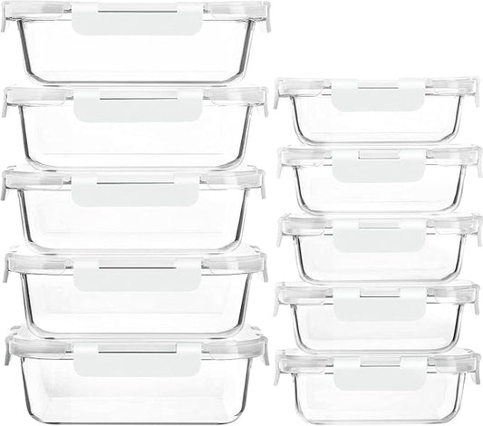 M MCIRCO 10 Pack Glass Food Storage Containers with Lids, White | Glass Meal Prep Containers,Airtight Lunch Containers with Lids, Microwave, Oven, Freezer and Dishwasher Friendly, BPA Free