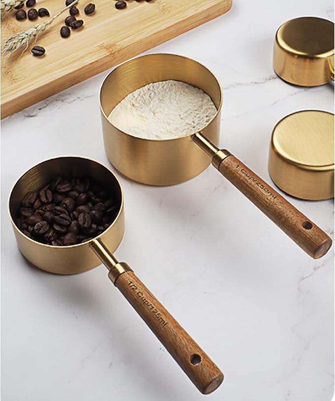 4 Piece Stainless Steel Measuring Cups with Wooden Handle, Measuring Cup Sets for Measuring Dry and Liquid Ingredients (4 Sizes - Gold)