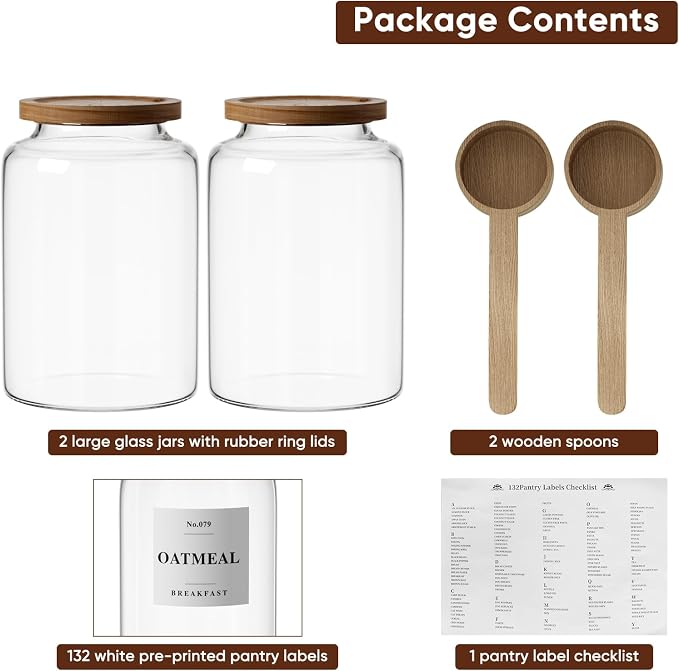 2 PCS Flour Sugar Storage Containers Glass Jar,4000ml/1 Gallon/4.2 Qt/135oz | Large Glass Food Storage Jars with Wood Airtight Lids,for Tea,Spice,Cereal Rice Flour Pasta Sugar