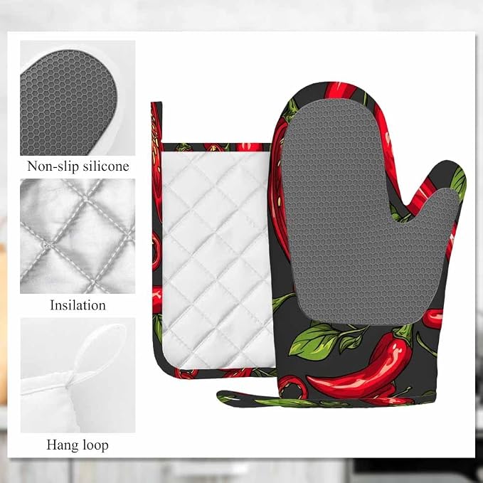 Mxocom Mexican Hot Pepper Chili Oven Mitts and Pot Holders Sets Slices Halves Crushed Pieces and Branch Organic Healthy Red Silicone Heat Resistant Kitchen Oven Gloves Pot Holder for Cooking