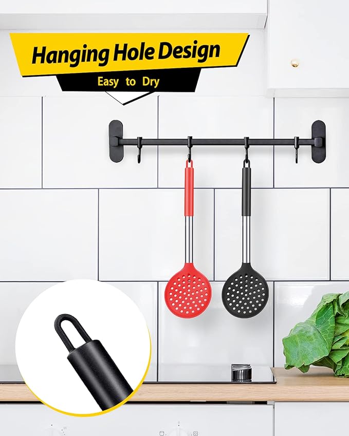 Silicone Kitchen Ladle Strainer, Black-Red, 2 Pack | Slotted Spoon, High Heat Resistant, BPA Free, Non Stick, Ideal for Draining and Frying