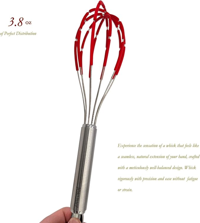 Balloon Silicone Egg Whisk with Spatula Scraper Wires, 18/10 Stainless Steel, Non-Stick Pan Safe, Ergonomic Tube Handle Perfect for Blending, Whisking, Beating and Stirring, 11 inch (Red)