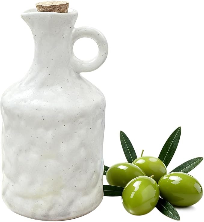 White Ceramic Olive Oil Dispenser with Cork Stopper 13.5 Oz Hand crafted | Reactive Glaze Texture Oil Pot, Leak - Proof Small Hole Spout for Kitchen, Ideal for Vinegar, Wine, Soy Sauce, Lemon Juice