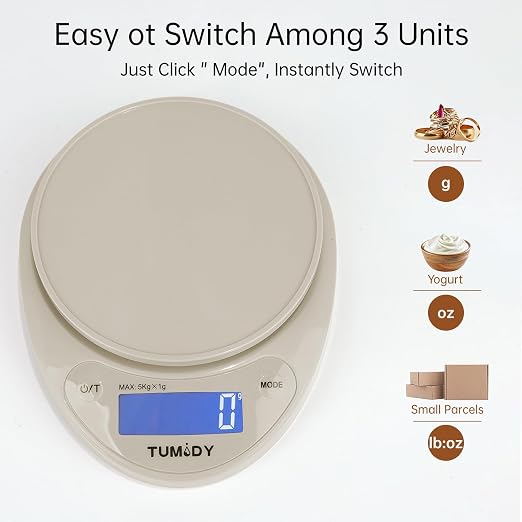 Small Digital Kitchen Scale Food -11lb/5kg Kitchen Weight Scale with LCD Display for Weight Loss, Sourdough Bread, Baking, Cooking, Keto and Meal Prep, 1g Precision, Batteries Included, Khaki