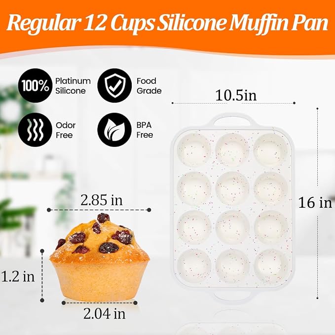 Silicone Muffin Pans for Baking, with Metal Reinforced Frame 2.8 Inch Regular Size Silicone Molds Nonstick 12 Cups for Baking Homemade Muffins, Cupcakes, Egg Bites 2 Pack Dishwasher Safe BPA Free