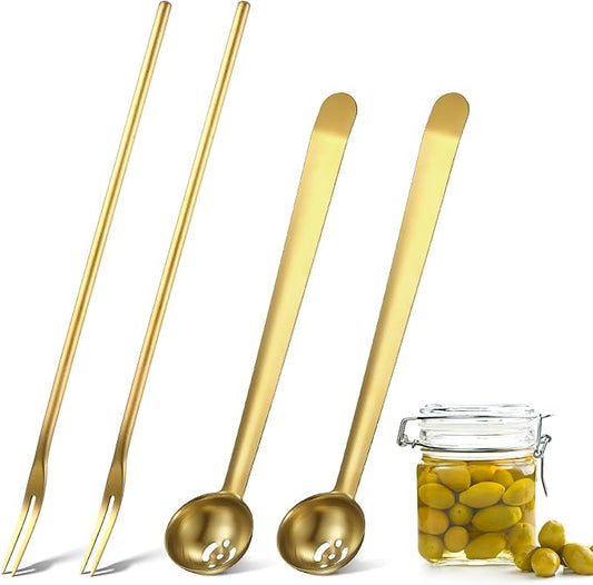 Didaey 4 Pcs Pickle Fork and Olive Spoon Strainer Set Stainless Steel Long Handle Pick Jar Serving Spoon with Drain Hole Prong for Onion Cucumber Arugula(Stylish Style)