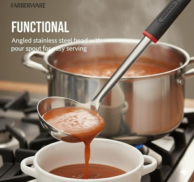 Farberware Stainless Steel Soup Ladle with Pour Spout, 12.5-Inch Kitchen Ladle Spoon for Soups, Stews, and Sauces - Dishwasher Safe Serving Ladle