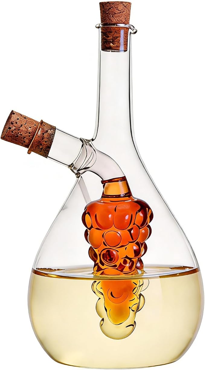 ELETON Grape Motif 2 in 1 Glass Oil and Vinegar Dispenser – Dual Chamber Cruet Bottle for Olive Oil & Balsamic, Leakproof Kitchen Container with Cork Stopper