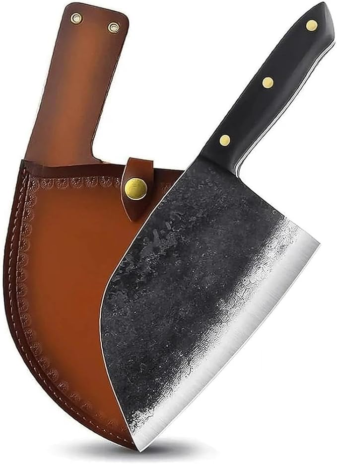 Freelander Serbian Chef Knife, Heavy Duty Handmade Forged Meat Cleaver for Meat Cutting, Full Tang High-Carbon Clad Steel Butcher Knife, Non-Slip Handle and Leather Sheath