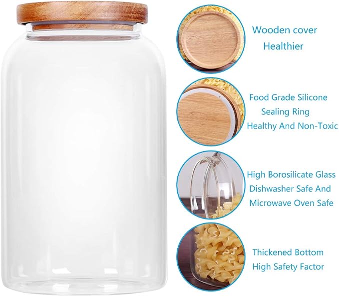 SAIOOL Modern Design Transparent Glass Food Storage Jars, 100FL OZ | 3000ml, Enlarged Thickened, Sealed Wooden Lid, Store Food, Herbs, Tea, Easy to Use and Clean
