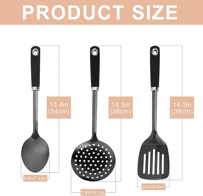 Black 3 Piece Stainless Steel Cooking Utensils Set, Metal Slotted Spoon, Slotted Turner Spatula and Skimmer Set for Frying, Serving, Dishwasher Safe