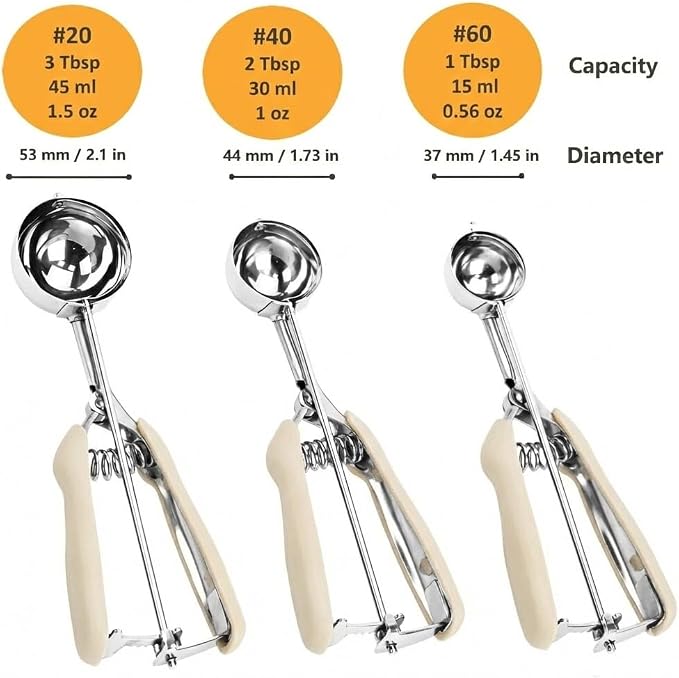 Cookie Scoop Set, 3Pcs Ice Cream Scoop, Cookie Scoops for Baking Set of 3, 18/8 Stainless Steel Cookie Scooper for Baking, Ice Cream Scooper with Trigger Release, Beige Soft Grip Cookie Dough Scoop