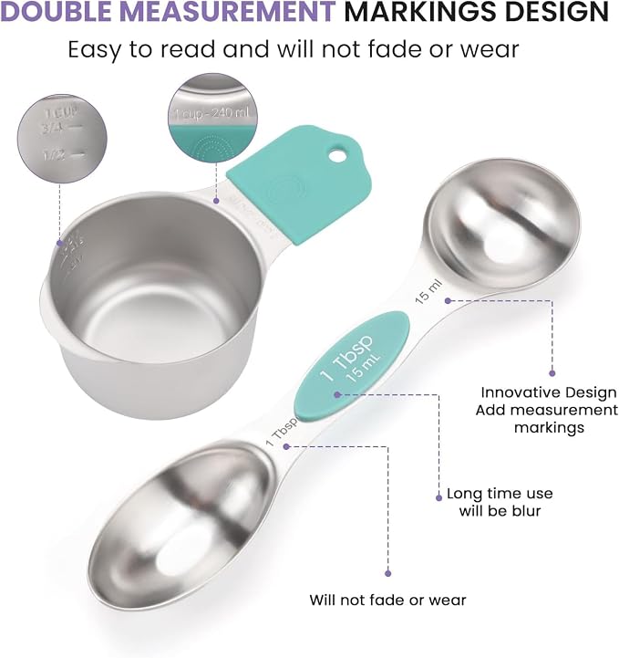 Magnetic Measuring Cups and Spoons Set, N52 Magnetic Nesting Design magnetic spoons, 304 Stainless Steel measuring cups, Dual-sided Design Set of 15 with Leveler for Dry & Liquid Ingredients