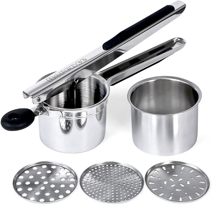 Rorence Stainless Steel Potato Ricer with 3 Interchangeable Discs & Inner Cup & Silicone Grip Handles - Black