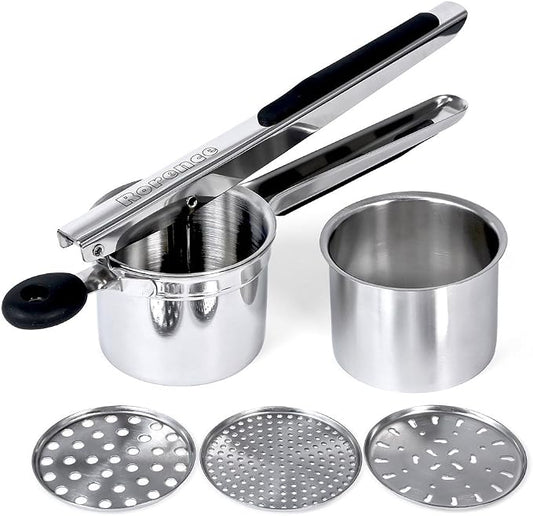 Rorence Stainless Steel Potato Ricer with 3 Interchangeable Discs & Inner Cup & Silicone Grip Handles - Black