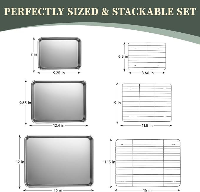 Baking Sheet with Rack Set (3 Pans + 3 Racks), 9/12/16 Inch Stainless Steel Cookie Sheet Baking Pan Tray with Cooling Rack, Jelly Roll Pan with Wire Rack, Warp Resistant & Heavy Duty & Rust Proof