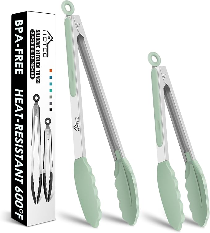 Hotec Premium Stainless Steel Locking Kitchen Tongs with Silicon Tips, Set of 2-9" and 12" Light Green