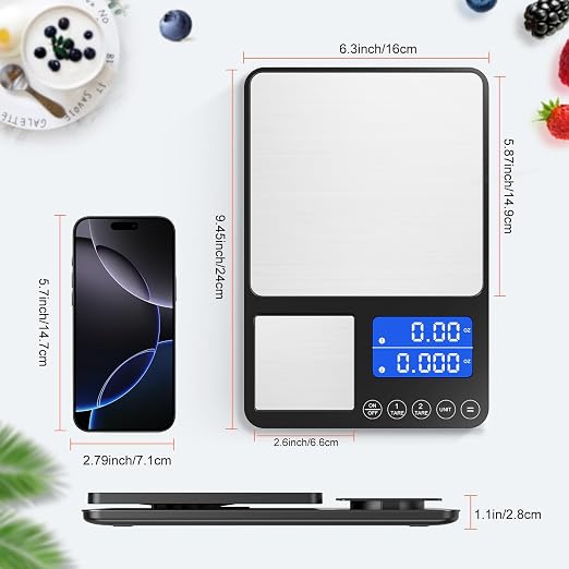Dual Platform Digital Kitchen Scale, 33lb/15kg & 0.001oz/0.01g Precision, Two Scales in One, Coffee & Food Scale, Dual Display, Stainless Steel, Tare, g/oz/lb/ml