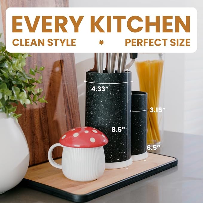 Stilaris Universal Knife Block & Utensil Holder - Dual Slotless Bristle Stand for Chef Knives, Scissors & Spatulas - Weighted Non-Slip Base, Modern Speckled Design, Easy Clean Removable Insert