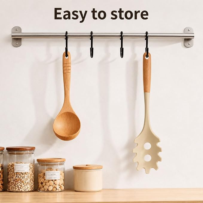 Silicone Pasta Server Spoon Nonstick Spaghetti Spoon with Wooden Handle Pasta Serving Spoon for Noodles Spaghetti Pasta Salad and Daily Cooking