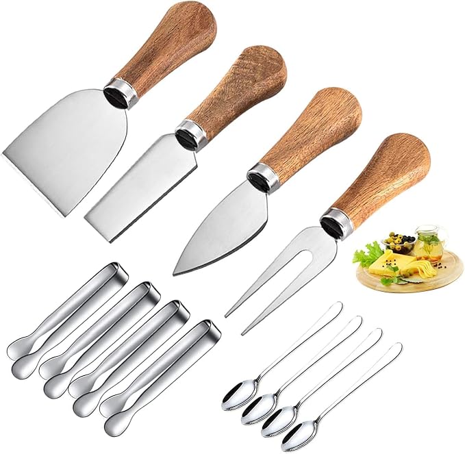 4 Pieces Cheese Knife Set with Wooden Handles Stainless Steel Cheese Knives, Cheese Spreaders, Butter Knife, Mini Serving Tongs, Forks, Charcuterie Board Accessories for Party, Wedding, and Christmas
