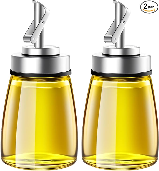 2-Pack Glass Oil Dispenser Bottle with Stainless Steel Spout, Automatic Opening Lid, for Cooking Oil, Vinegar, Sauces, Syrup, 6OZ