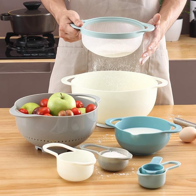 Plastic Mixing Bowls, Multicolored, Set of 8, Rv Camping Accessories | Nest for Easy Storage, Inculding Measuring Cups, Colander, Sifter, Large Bowl, Great for Cooking and Baking, No BPA