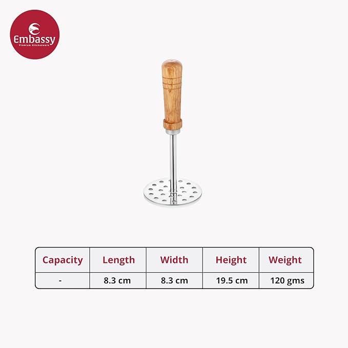 Embassy Stainless Steel Vegetable/Potato/Pav Bhaji Masher with Wooden Handle Size 3 Pack of 1 8.5 cms