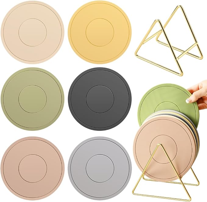 H&W 6Pcs Thickened Pot Holders, Silicone Trivets, with 1 Triangle Holder | Non-Slip Heat Resistant Pads, for Kitchen Hot Pots and Pans(6 Colors)