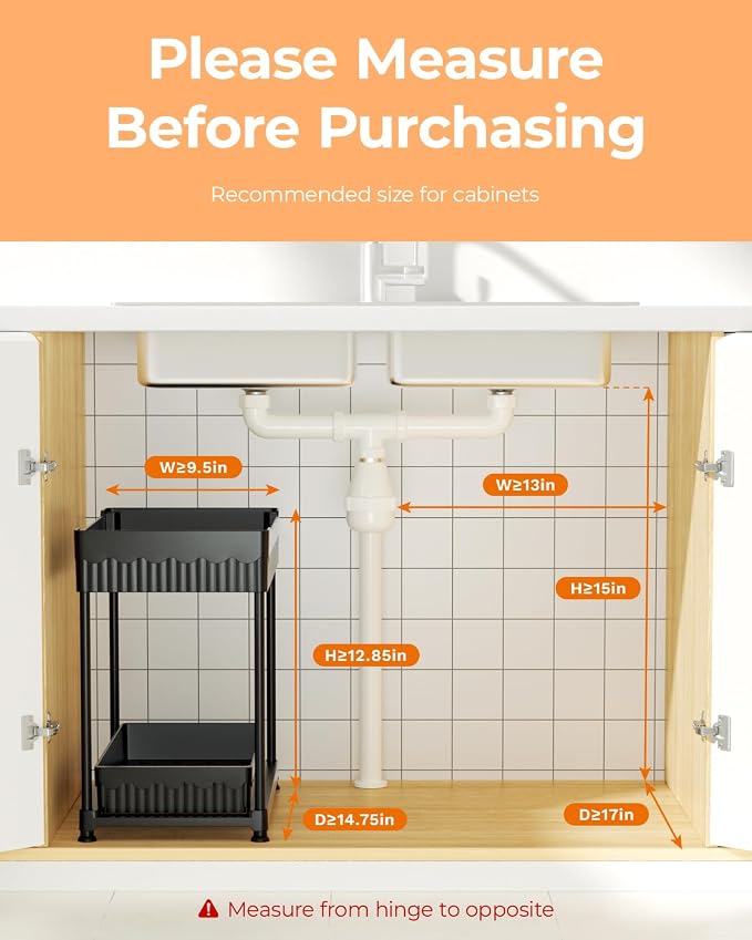 3-Pack 2-Tier Under Sink Organizers with Sliding Drawers | Multi-use kitchen & bathroom storage, 12.8 inch black cabinet organizer, space-saving sliding drawer design.
