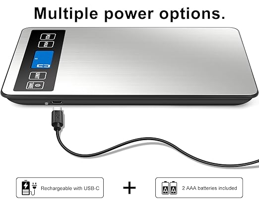 Fuzion Food Scale, 22lb/0.1oz Digital Kitchen Scale - 7 Units, Tare & PCS | Rechargeable Power, Tempered Glass & Stainless Steel - Digital Food Scale Grams and Ounces for Weight Loss, Baking, Cooking