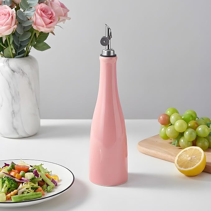 YOLIFE Olive Oil Dispenser Bottle, 17oz/500ml Ceramic Oil Bottle (Pink) | Oil Dispenser with Gravity Spout, Leak Proof EVOO Dispensing Bottle with 2 Spouts and 1 Funnel for Vinegar, Kitchen