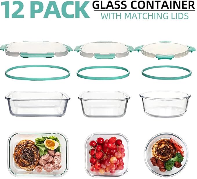 12 Pack Glass Storage Containers Transparent, Stackable Design Meal Prep Containers for Food Storage, Home, Kitchen & Pantry Organization, Microwave/Freezer/Dishwasher Safe