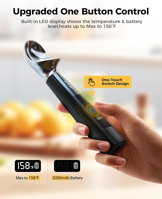 KYX Heated Ice Cream Scoop Rechargeable, Electric Ice Cream Scoop with 3-Level Heat 95-158°F, LED Display, IPX6 Waterproof, 3200mAh Battery, Easy Scoop for Hard Ice Cream, Gelato & Frozen Desserts