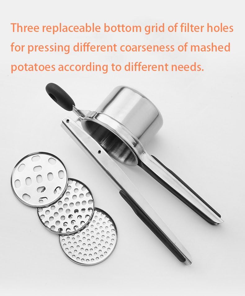 Potato Ricer, Heavy Duty Stainless Steel Potato Masher and Ricer Kitchen Tool, Press and Mash Kitchen Gadget (Silicone handle), Silver